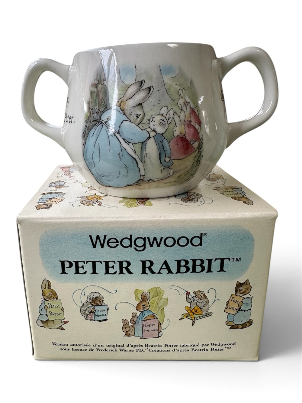 Wedgwood Peter Rabbit Two-Handled Nursery Mug in White with Blue Illustration